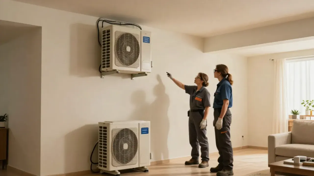Mini Split Repair in Buena Park, California: HVAC technician discussing something with a homeowner in a living room, both