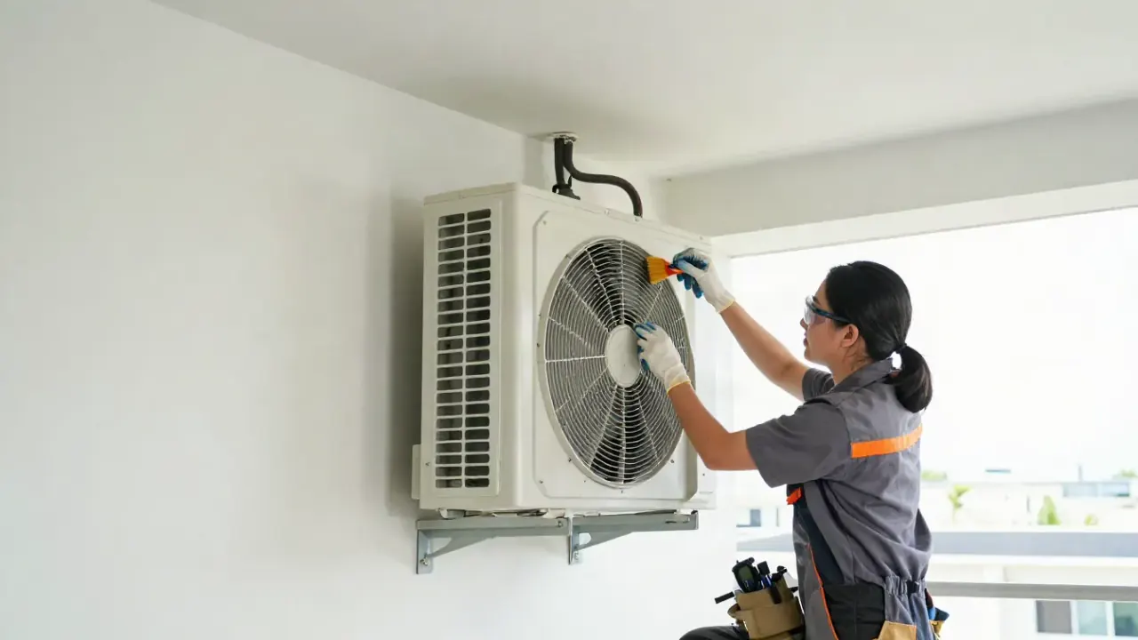 Mini Split Repair in Buena Park, California: side profile of an HVAC technician meticulously cleaning the fan scroll inside