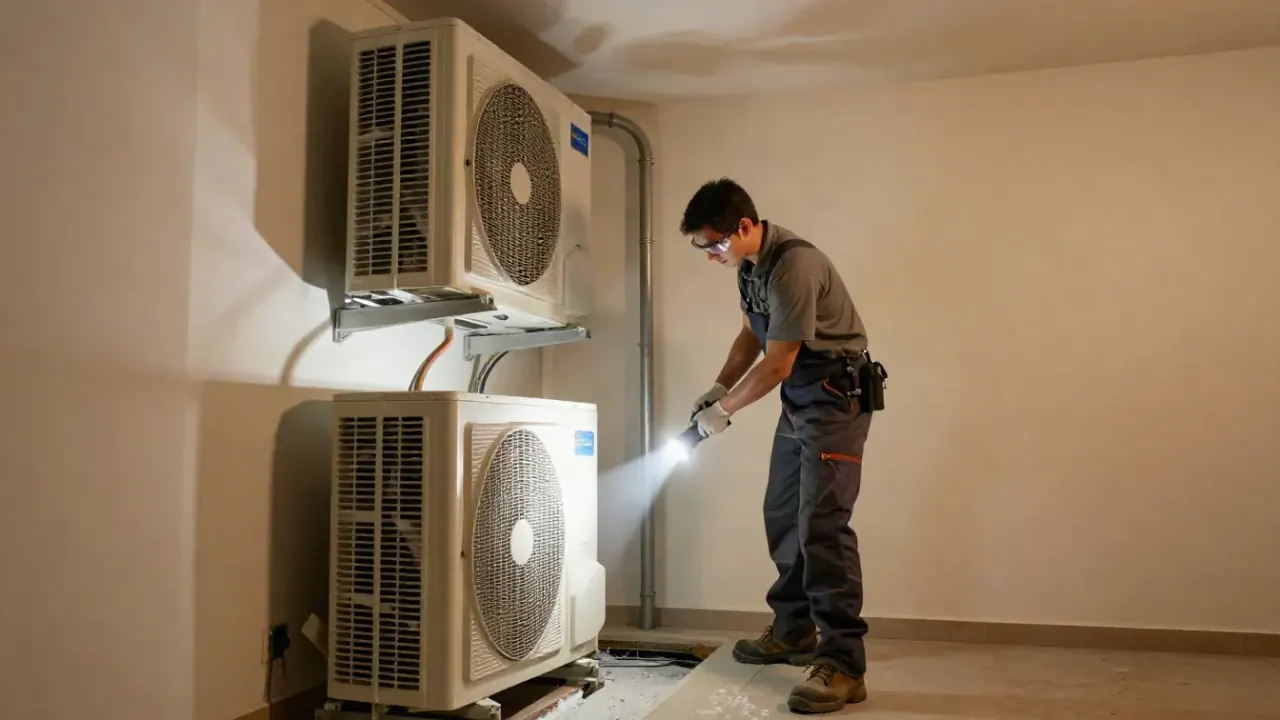Mini Split Water Leak & Drain Line Repair in Buena Park, California: HVAC technician is shining a flashlight into the