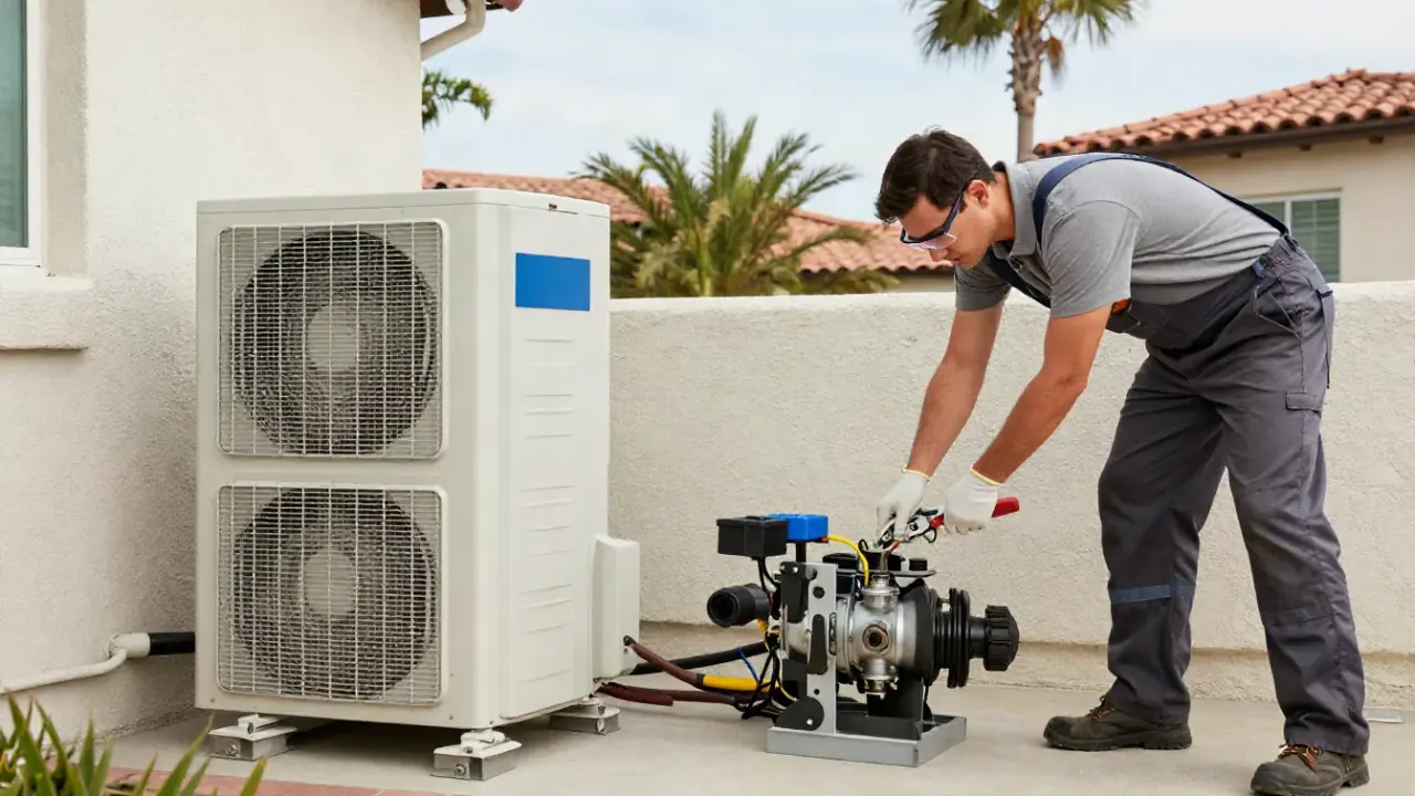 Mini Split Compressor Repair in Buena Park, California: HVAC technician is using a wrench to loosen the refrigerant line